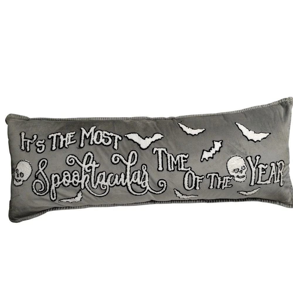 Halloween‎ Spooktacular Pillow Gray Lumbar Skeleton Bats Embroidered 14